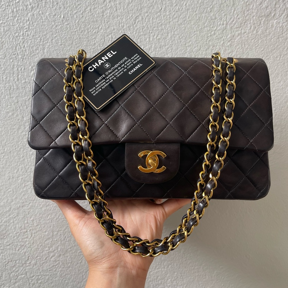 ❌SOLD❌CHANEL Dark Chestnut Brown Classic Double Flap Lambskin in 24KGHW